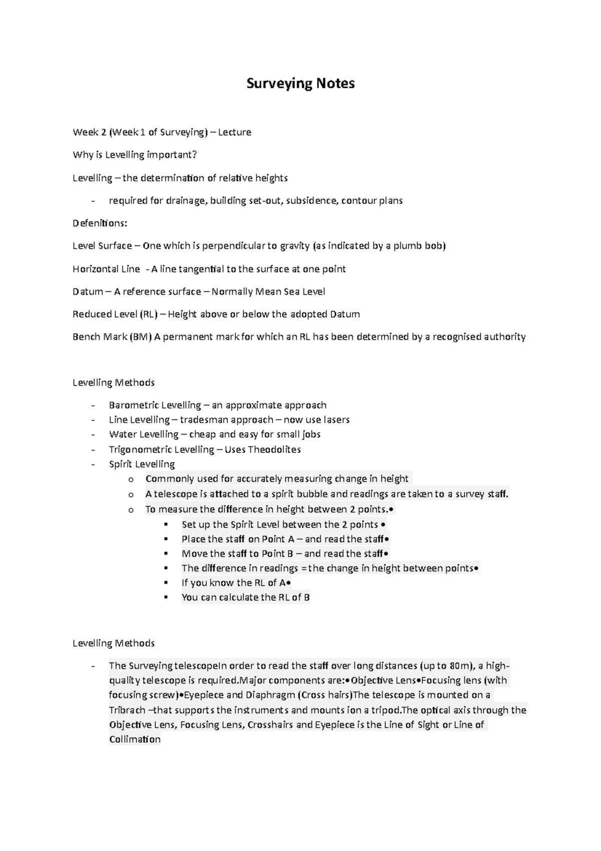 Surveying Notes - Week 10 Course Note completion - Surveying Notes Week ...