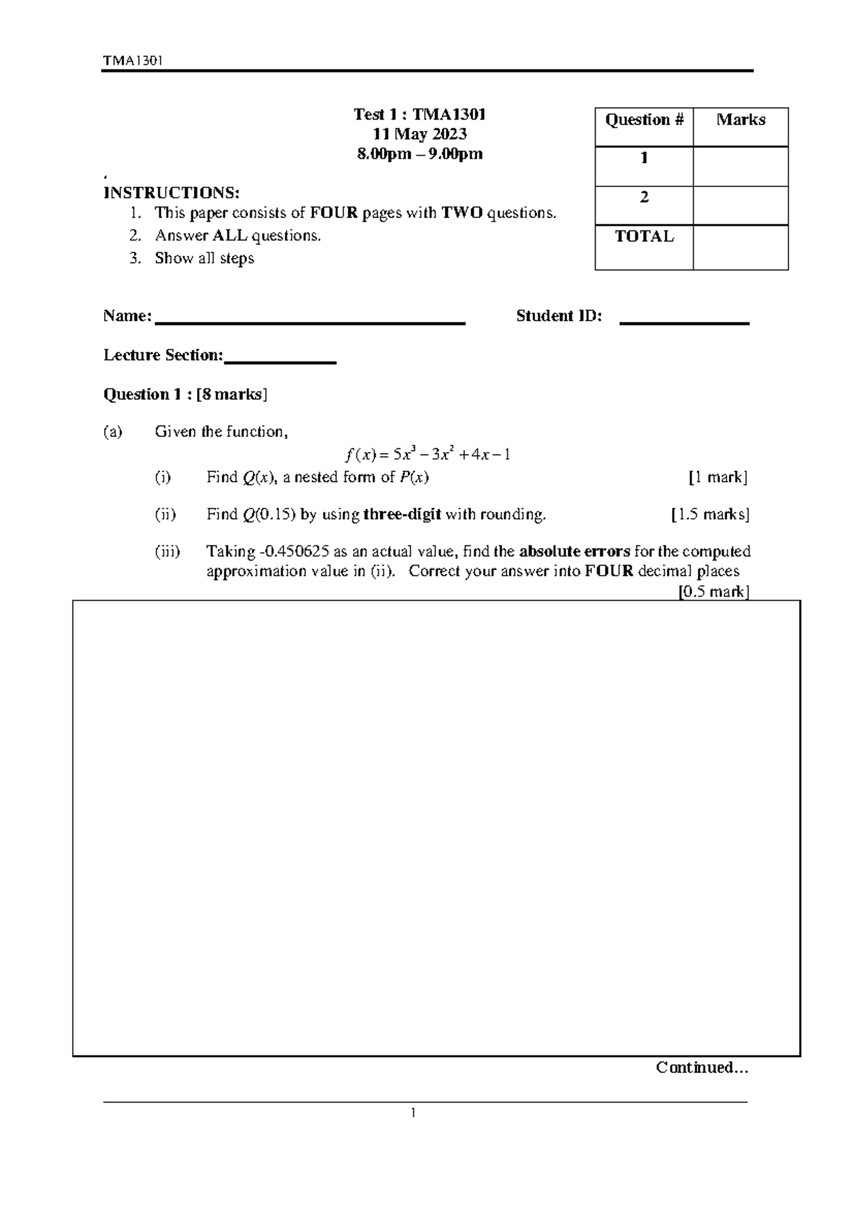 Test1 sample copy - Test 1 : TMA1 301 11 May 2023 00 pm – 9. 00 pm ...
