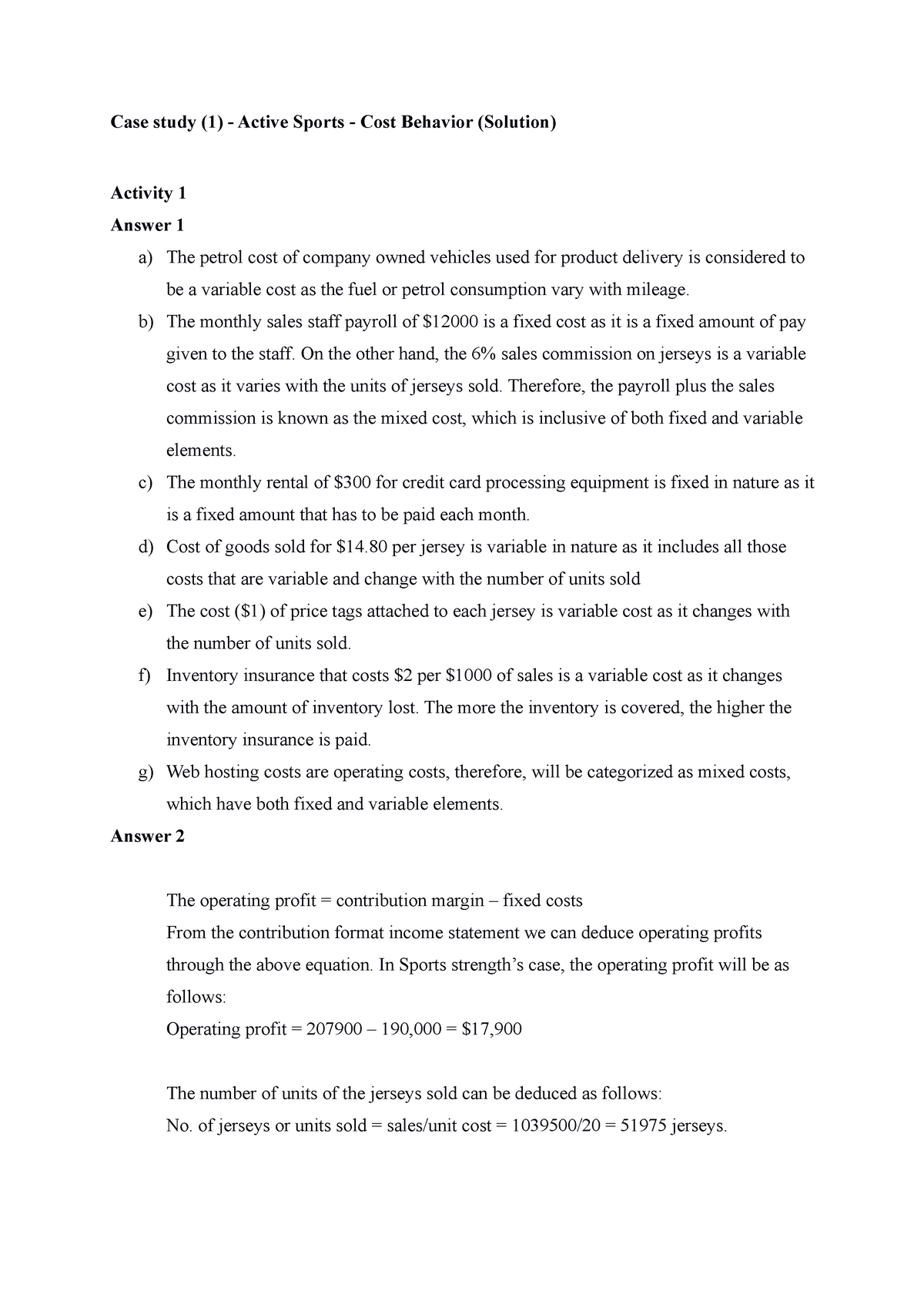 Case study (1) - Active Sports - Cost Behavior (Solution) - Case study ...