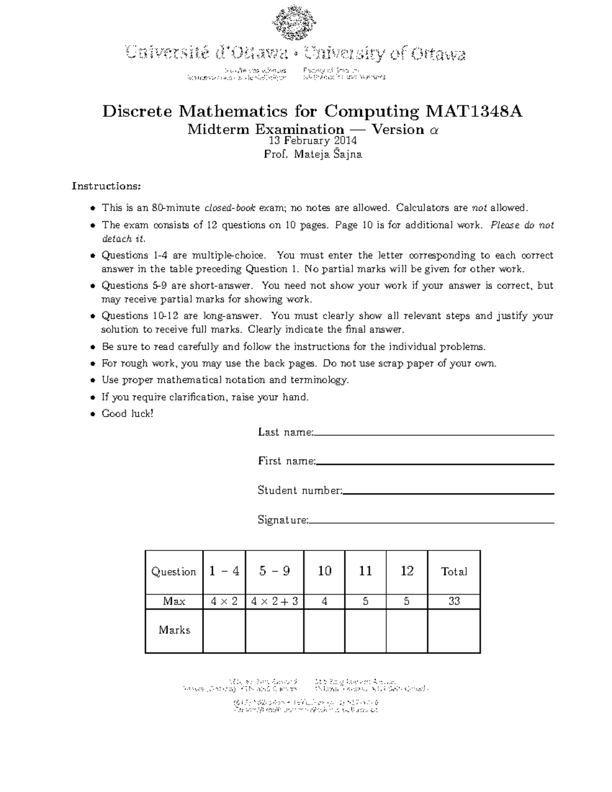 Midterm 14 - Discrete Mathematics For Computing MAT1348A Midterm ...