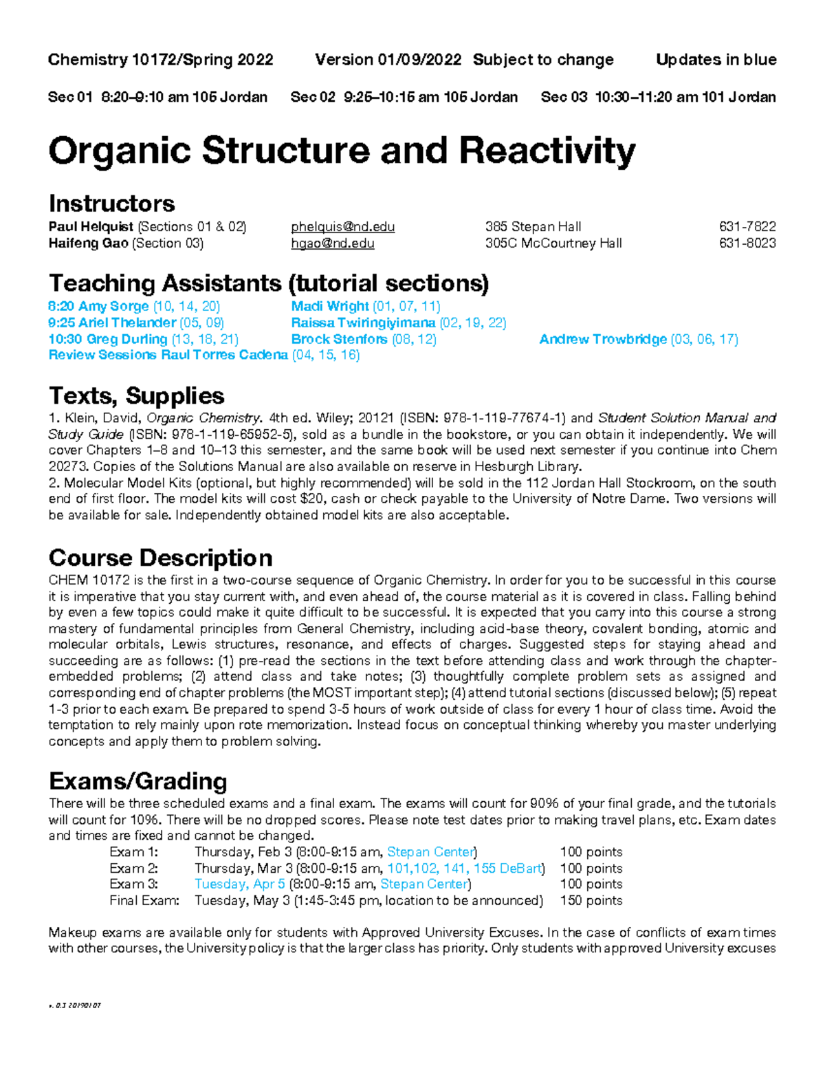 Orgo Syllabus - Orgo Work - Sec 01 8:20–9:10 Am 105 Jordan Sec 02 9:25 ...