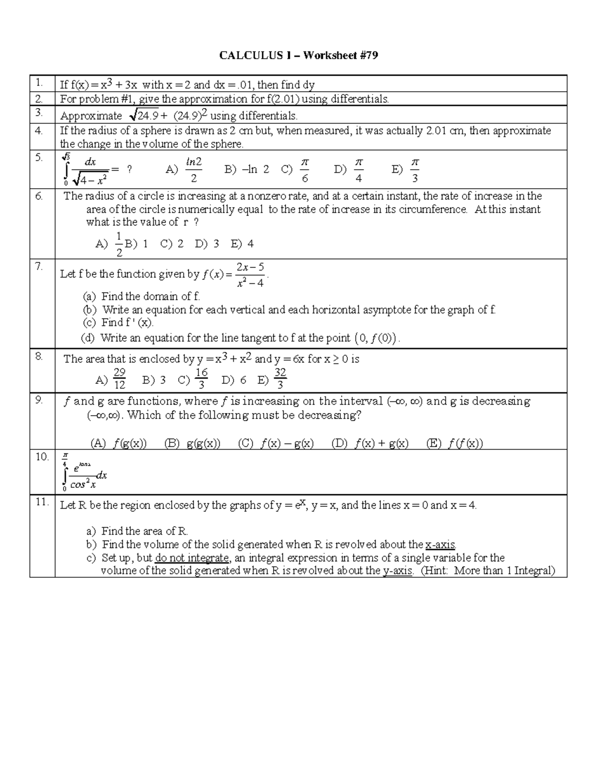 Ab Ws 079 Approximation - Calculus I – Worksheet # If F(x) = X3 + 3x 