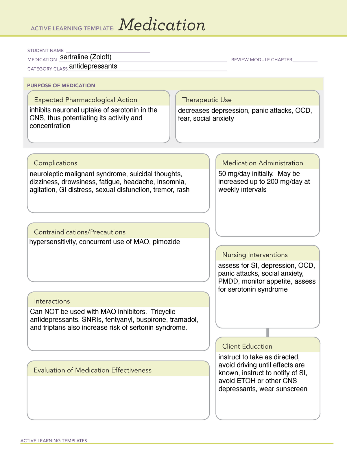 Setraline ATI medication template ACTIVE LEARNING TEMPLATES