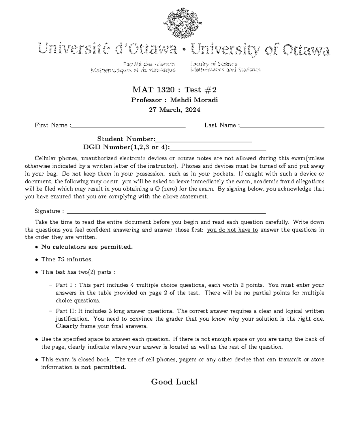 MAT1320 Test 2 Skeleton - MAT 1320 : Test Professor : Mehdi Moradi 27 ...