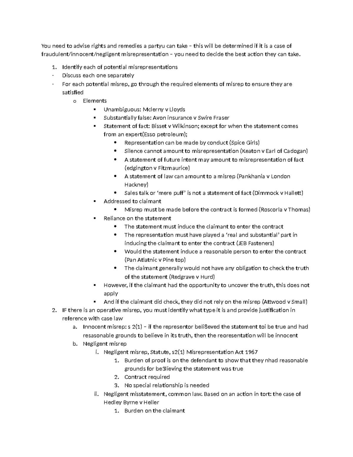 Problem question skeleton - You need to advise rights and remedies a ...