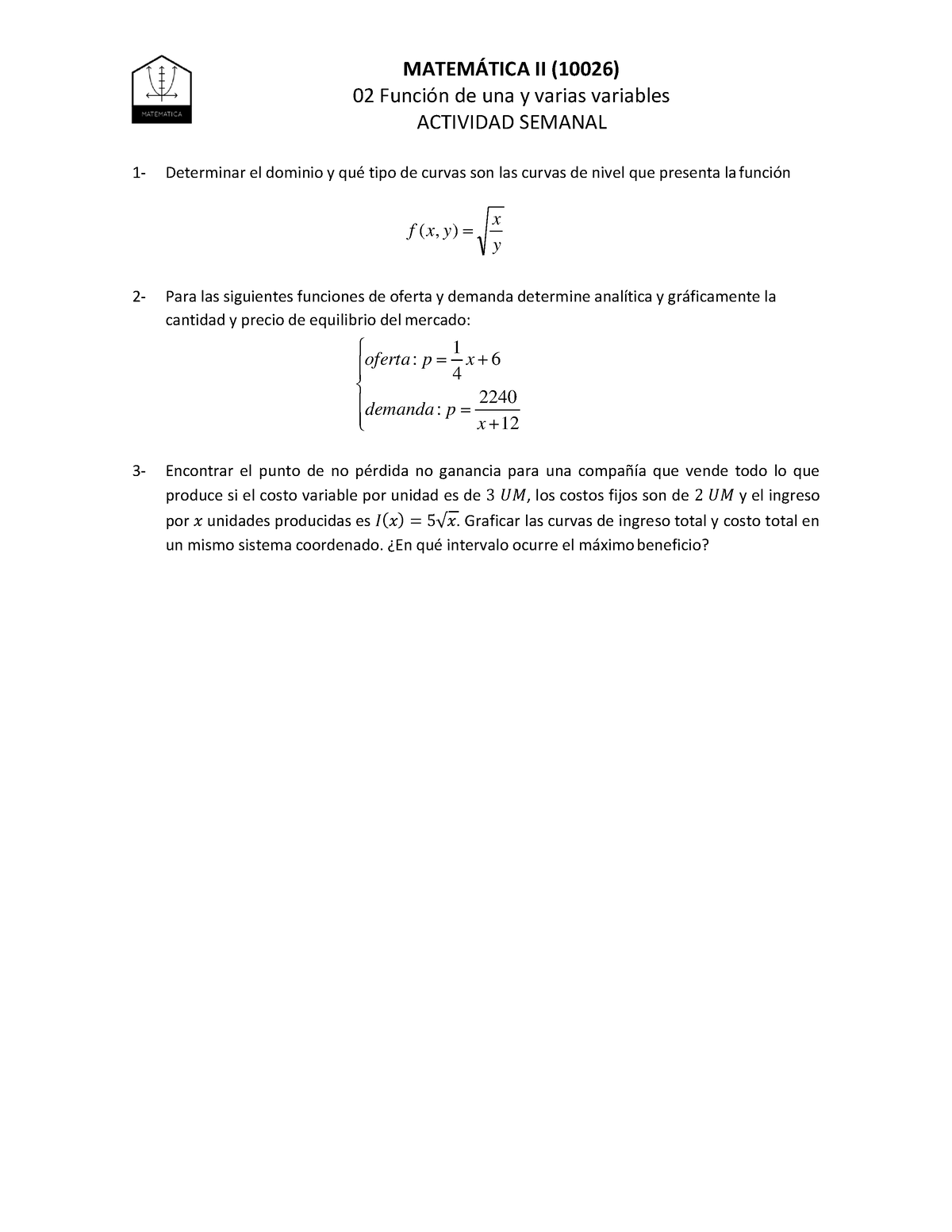 02 Funcion De Una Y Varias Variables Actividad Semanal - MATEMÁTICA II ...