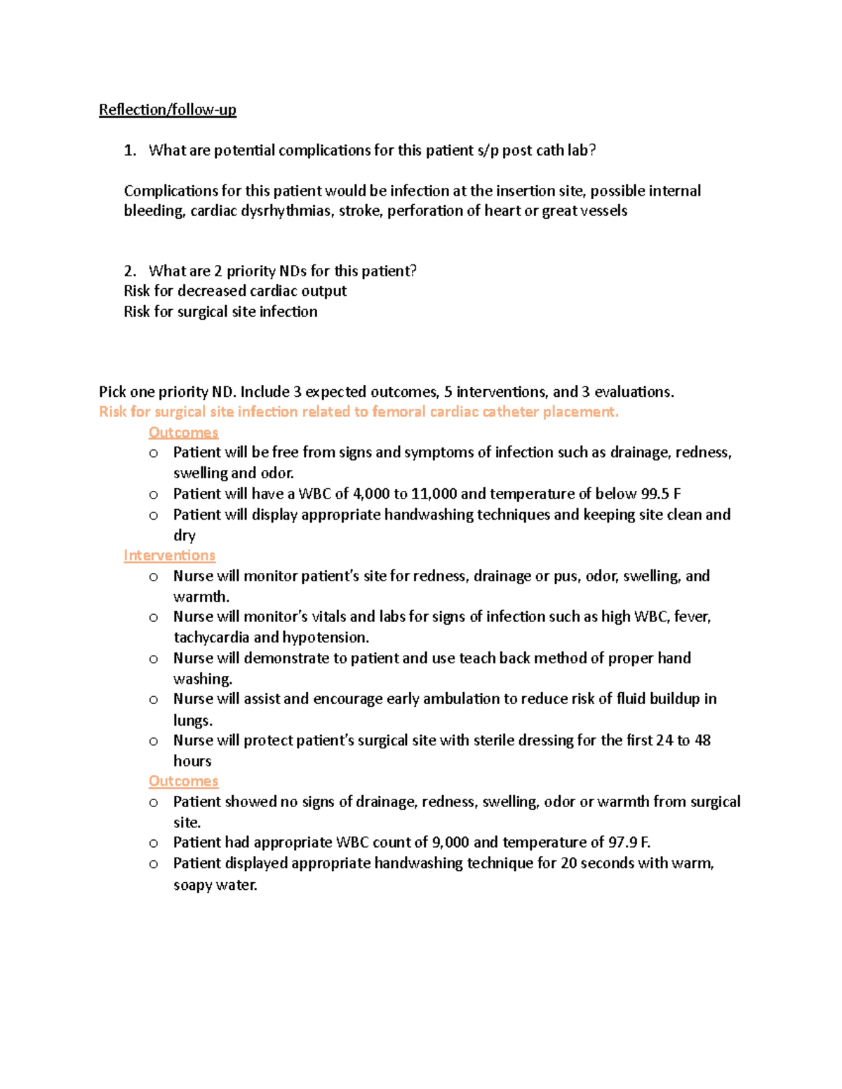 Nur216 Cardiac Cath Case Study - Reflection/follow-up What Are ...