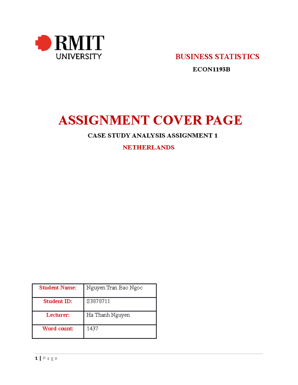 statistics assignment cover page