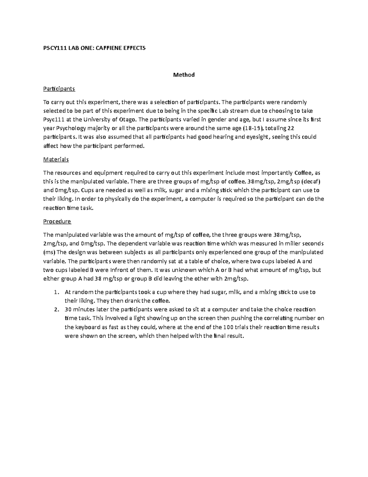 PSYC111 Lab one- Caffiene - PSCY111 LAB ONE: CAFFIENE EFFECTS Method ...