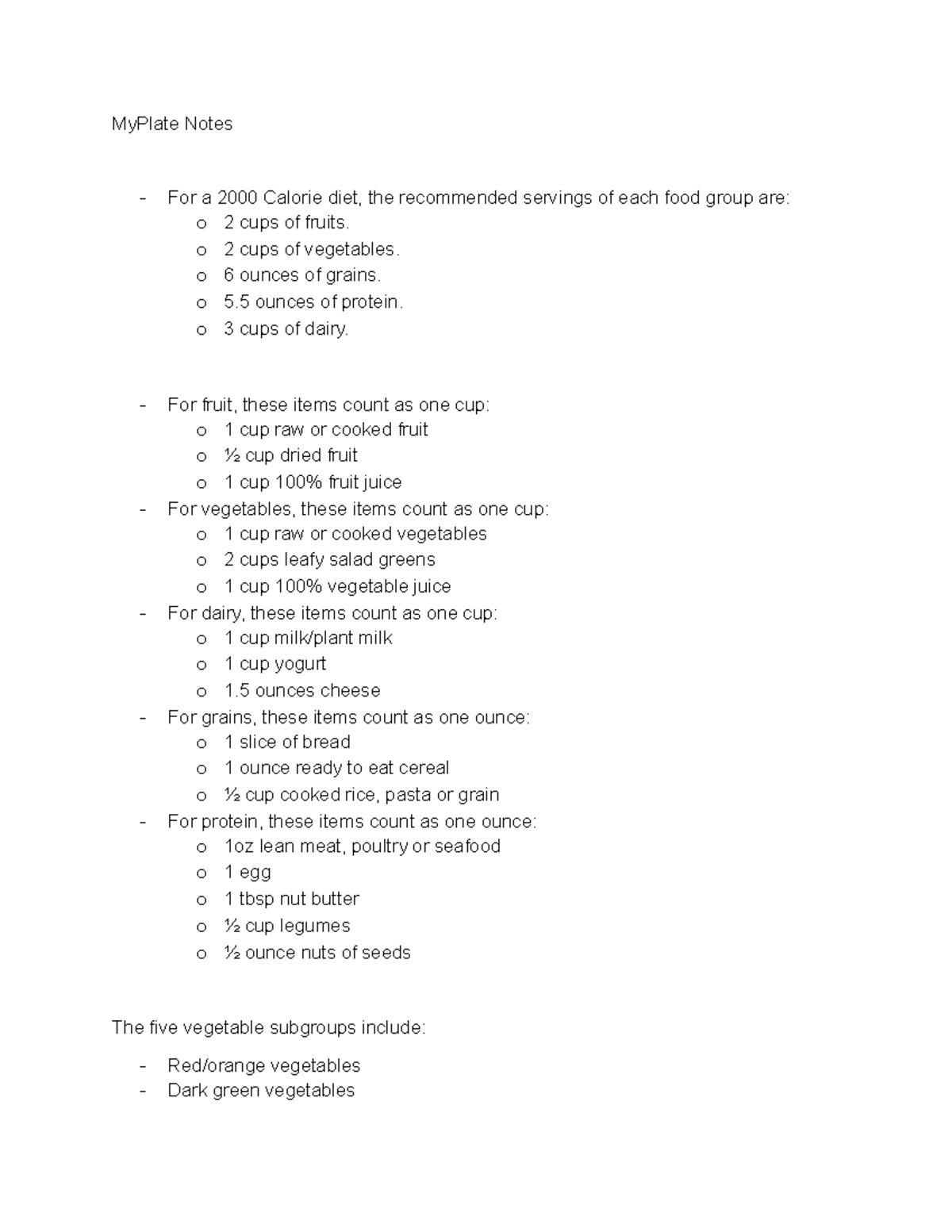 MyPlate Nutrition Notes - MyPlate Notes For a 2000 Calorie diet, the ...