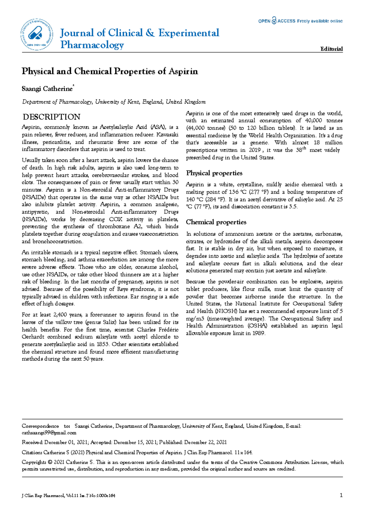 Physical and chemical properties of aspirin Physical and Chemical