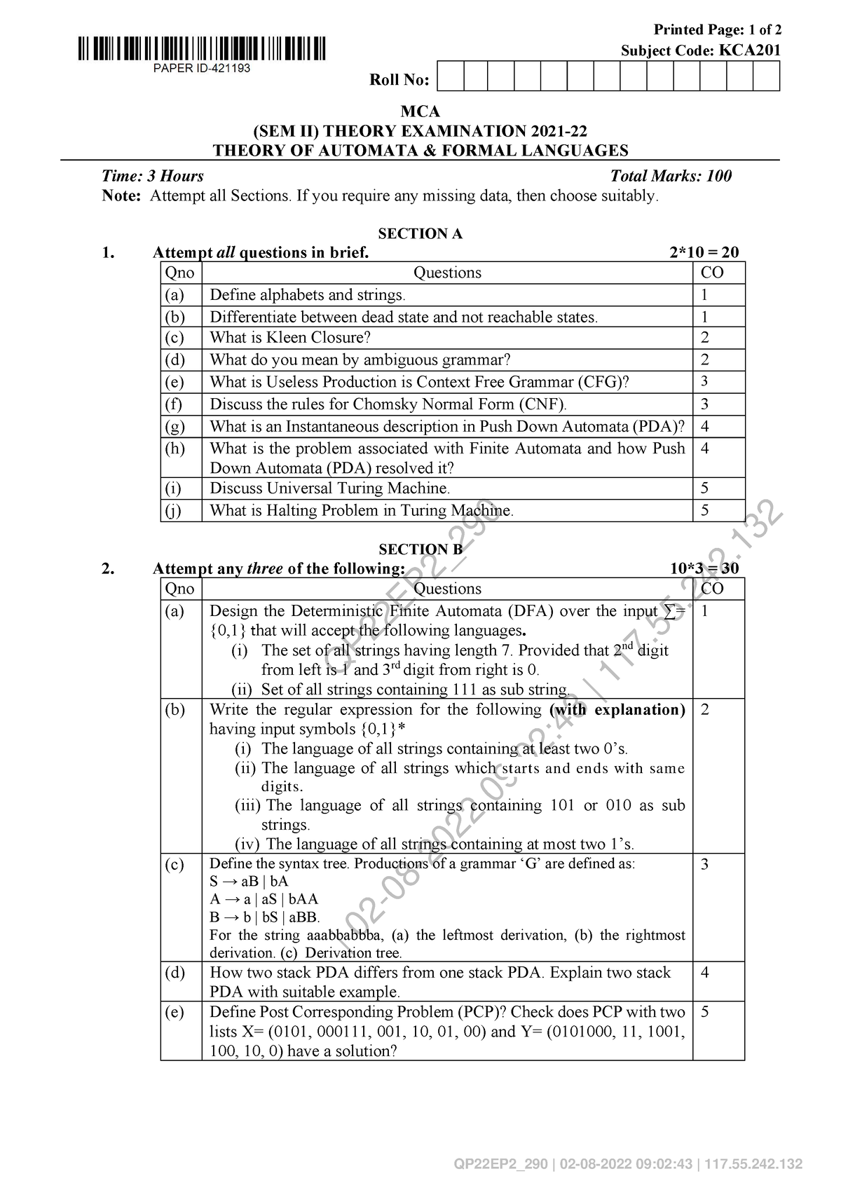 Theory OF Automata Formal Languages KCA 201 - QP22EP2_ | 02-08-2022 09: ...