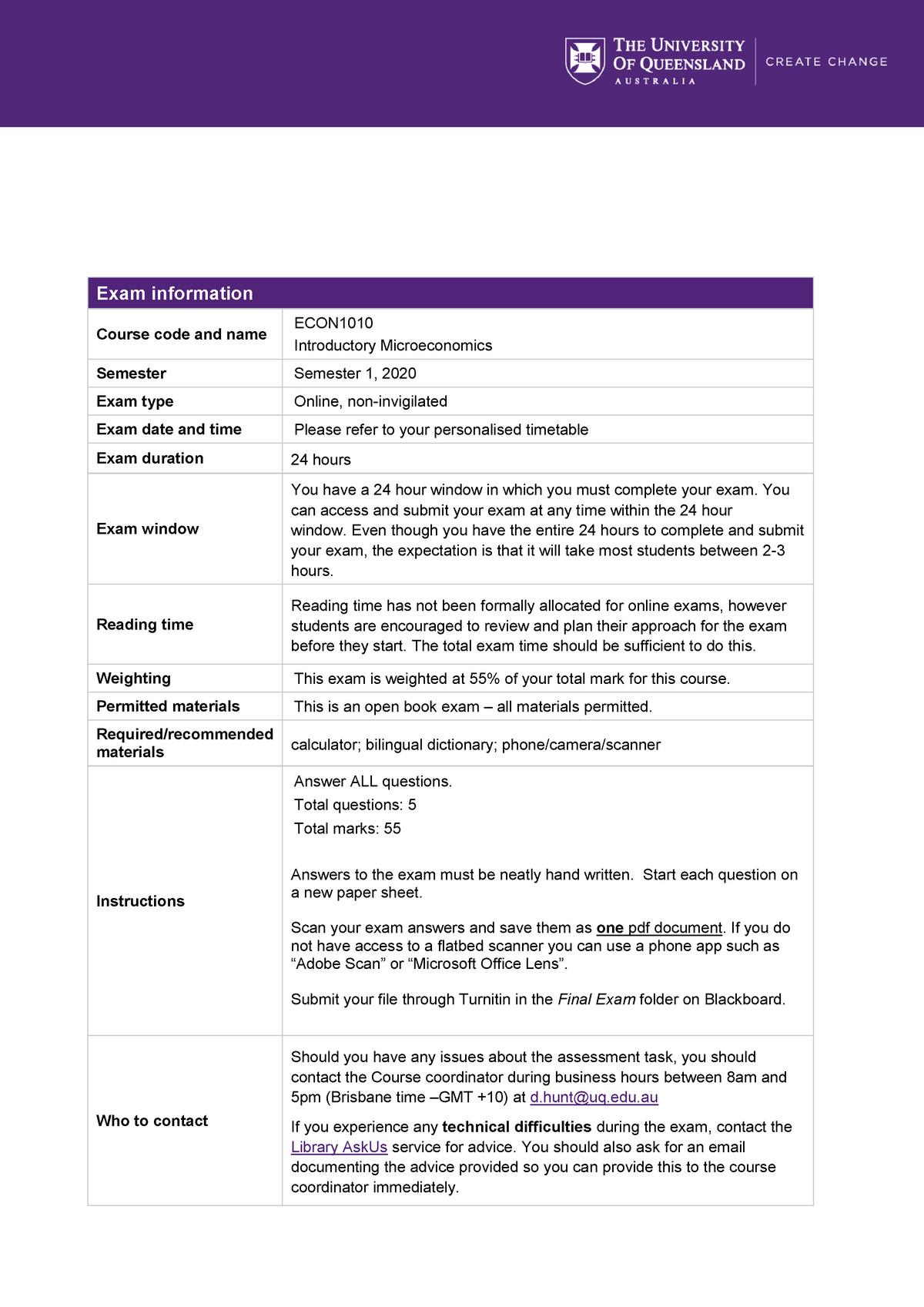 Semester One Final Examinations 2020 ECON1010 - Exam Information Course ...