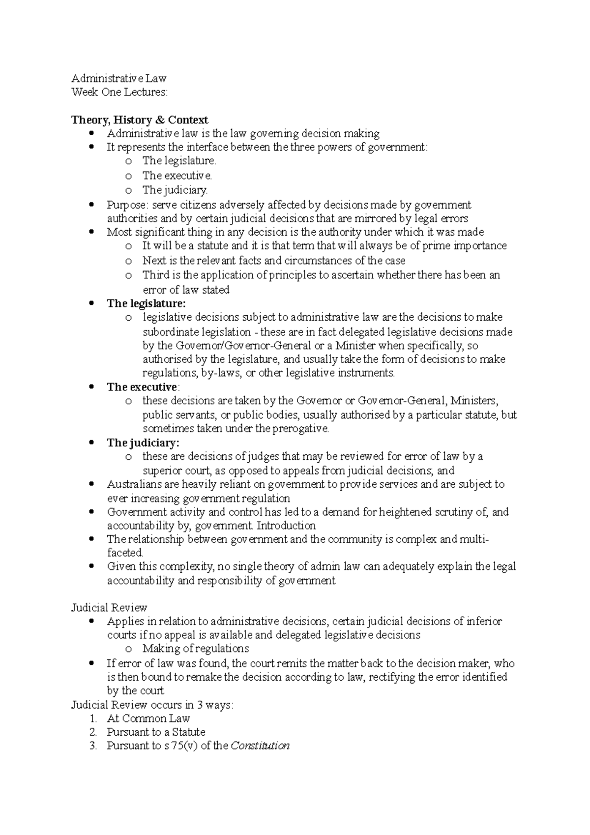 Admin W1 - tut - Administrative Law Week One Lectures: Theory, History ...
