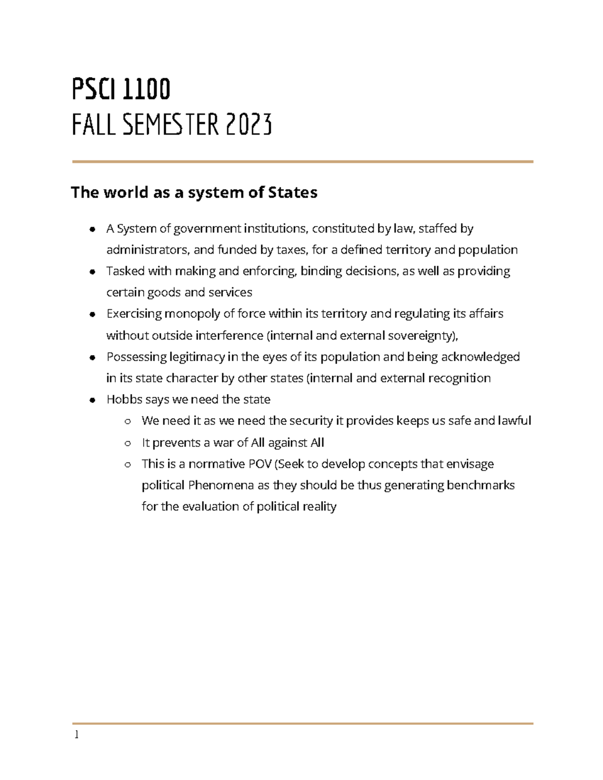 PSCI 1100 - Lectures 1-3 - PSCI 1100 FALL SEMTER 2023 The world as a ...