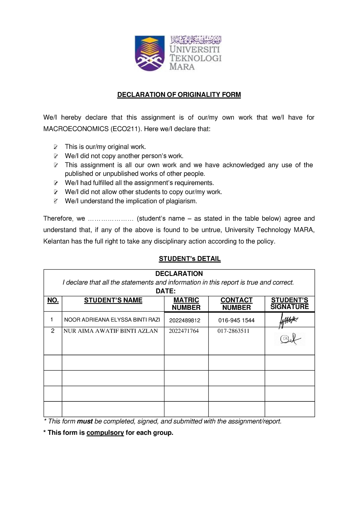 Group Assignment ECO211 OCT 2023 1 - DECLARATION OF ORIGINALITY FORM We ...