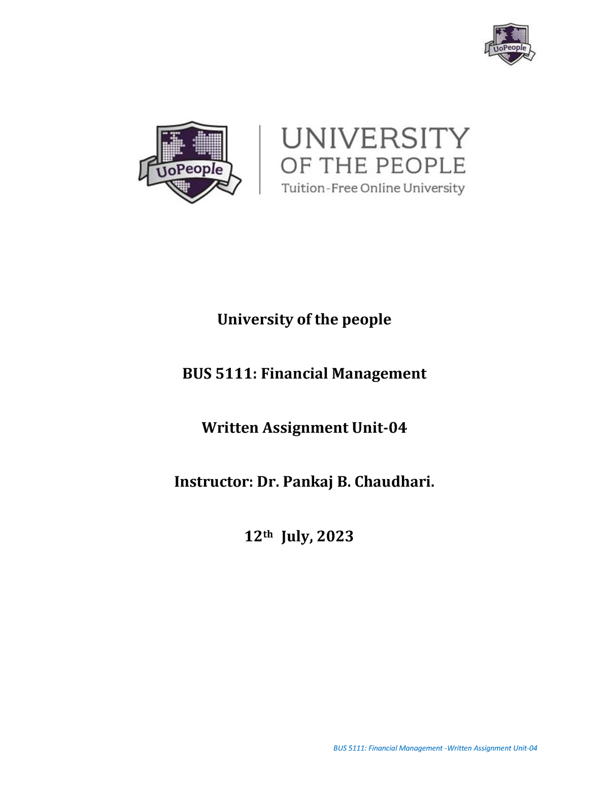 BUS 5111-Written Assignment Unit-04 - University Of The People BUS 5111 ...