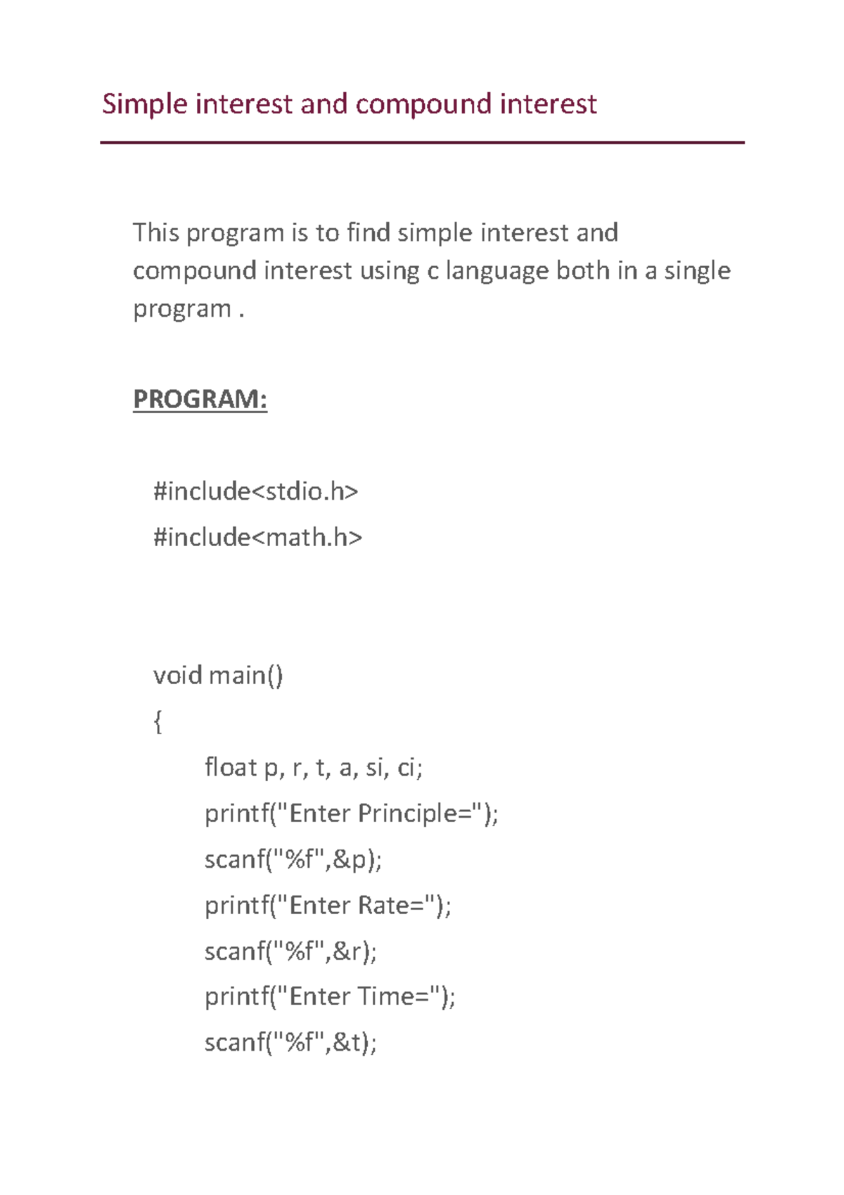 Simple Interest And Compound Interest C Code Simple Interest And