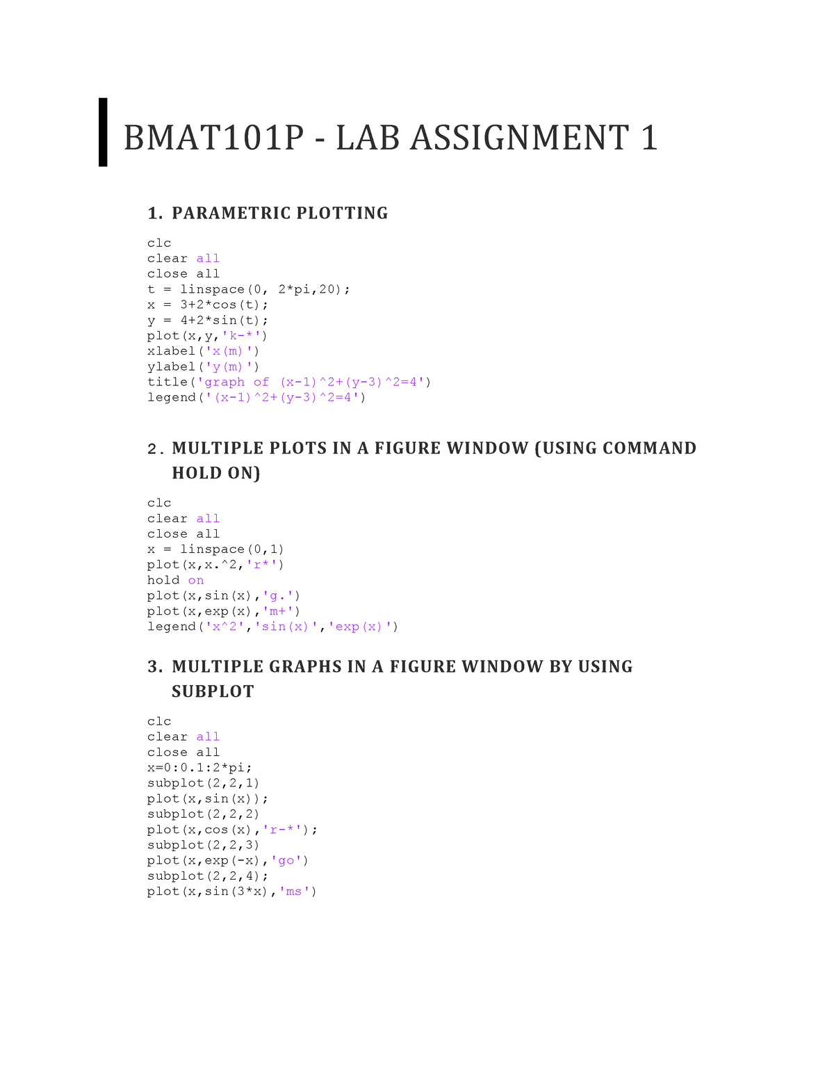 Calculus Lab Assignment 1 - BMAT101P - LAB ASSIGNMENT 1 1. PARAMETRIC ...