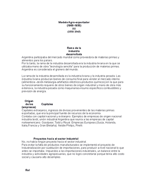 Modelo Agroexportador y Modelo ISI - Modelo Agro-exportador (1900-1930) ISI  (1930-1945) Rama de la - Studocu