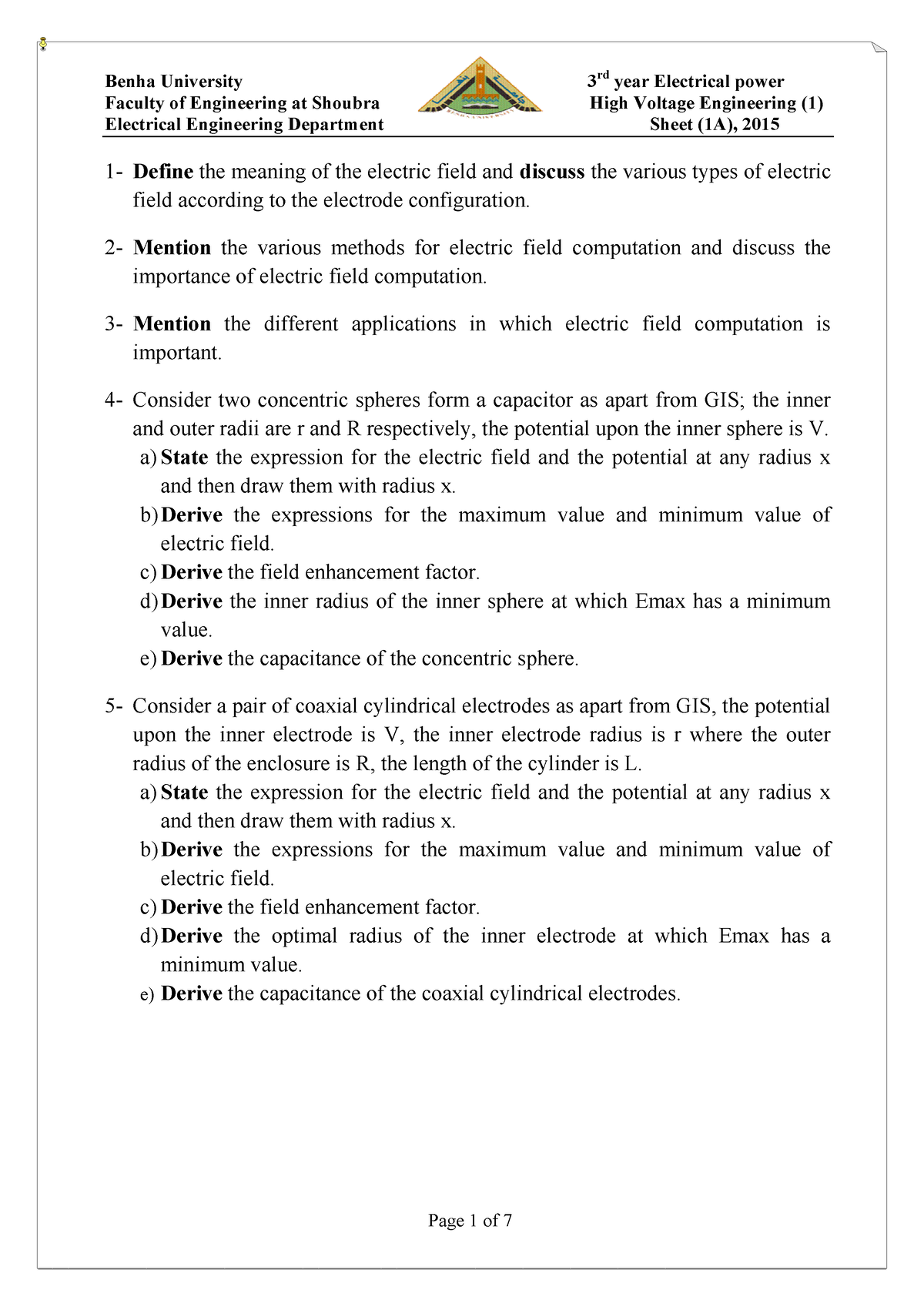 HV Sheets (2015 )A F - Faculty of Engineering at Shoubra High Voltage ...