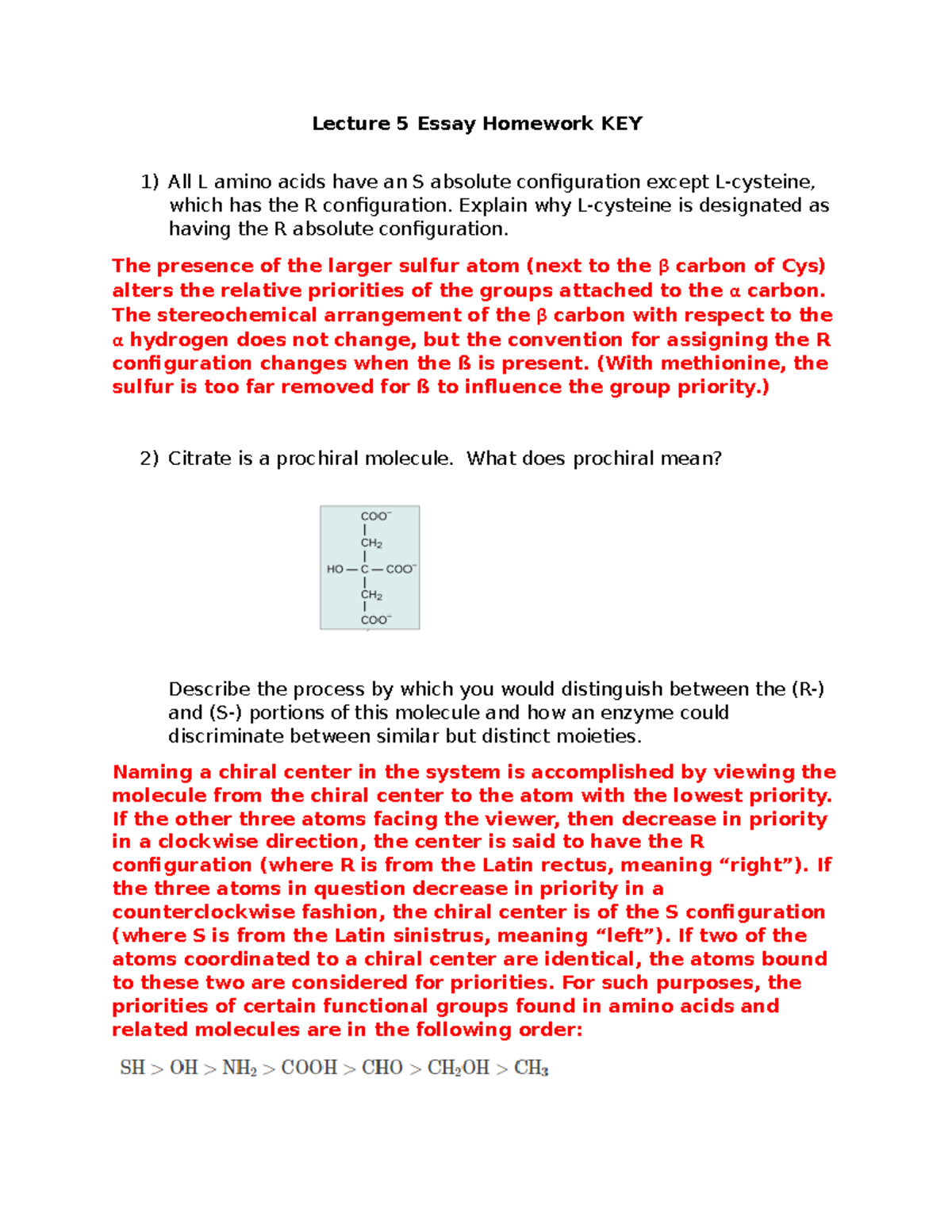 Biochem HW 5 practice questions Lecture 5 Essay Homework KEY All L