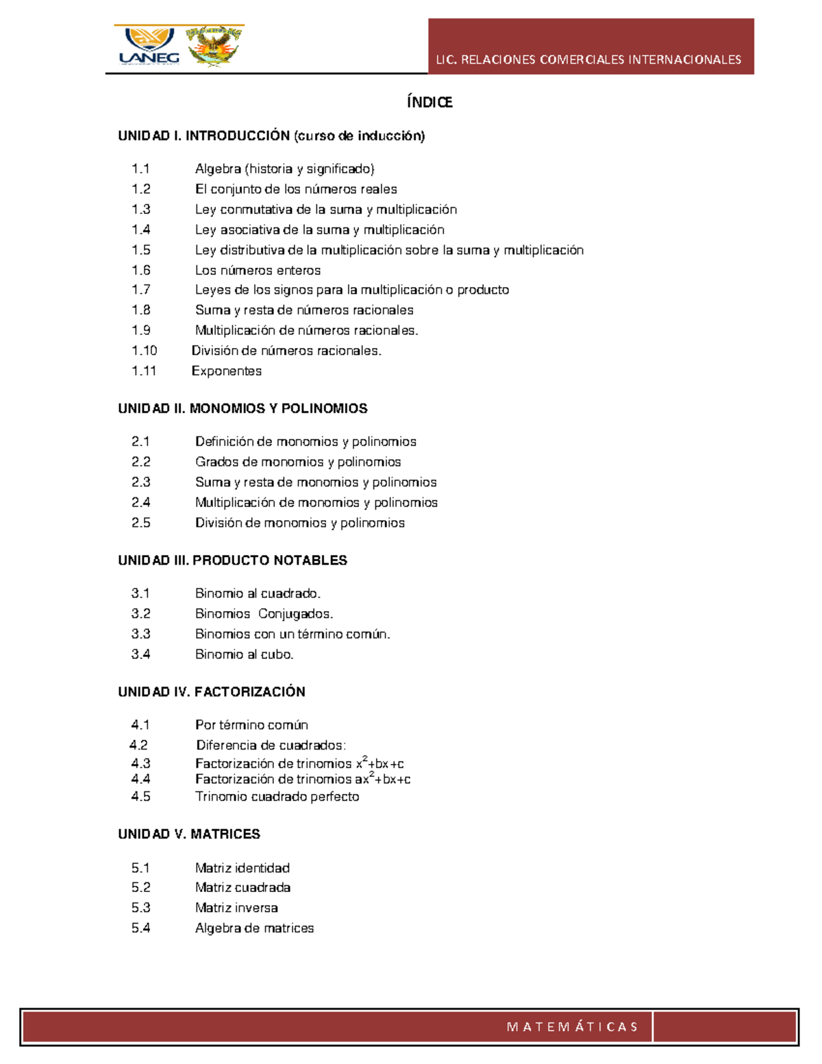 Manual- Matematicas - ÍNDICE UNIDAD I. INTRODUCCIÓN (curso de inducción ...