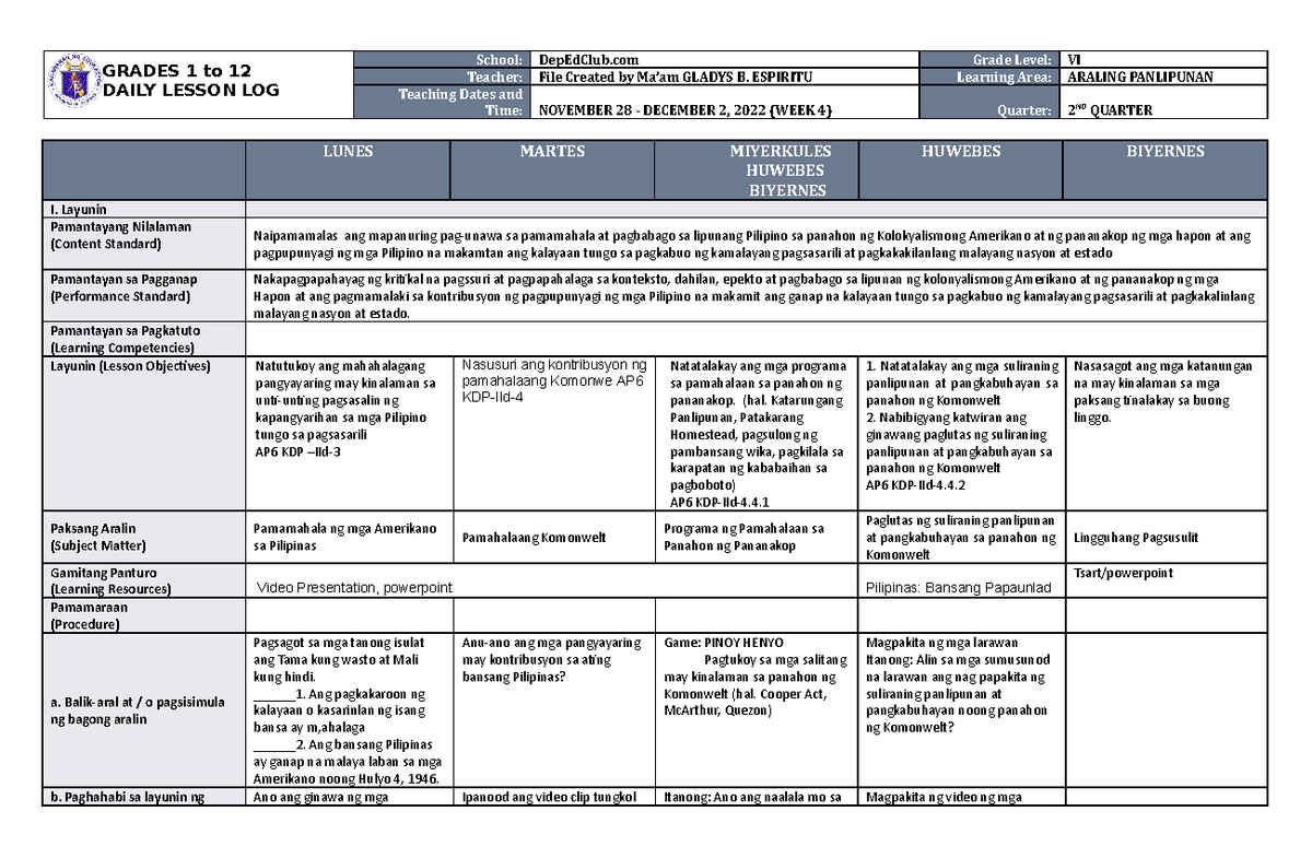 DLL Araling Panlipunan 6 Q2 W4 - GRADES 1 to 12 DAILY LESSON LOG School ...