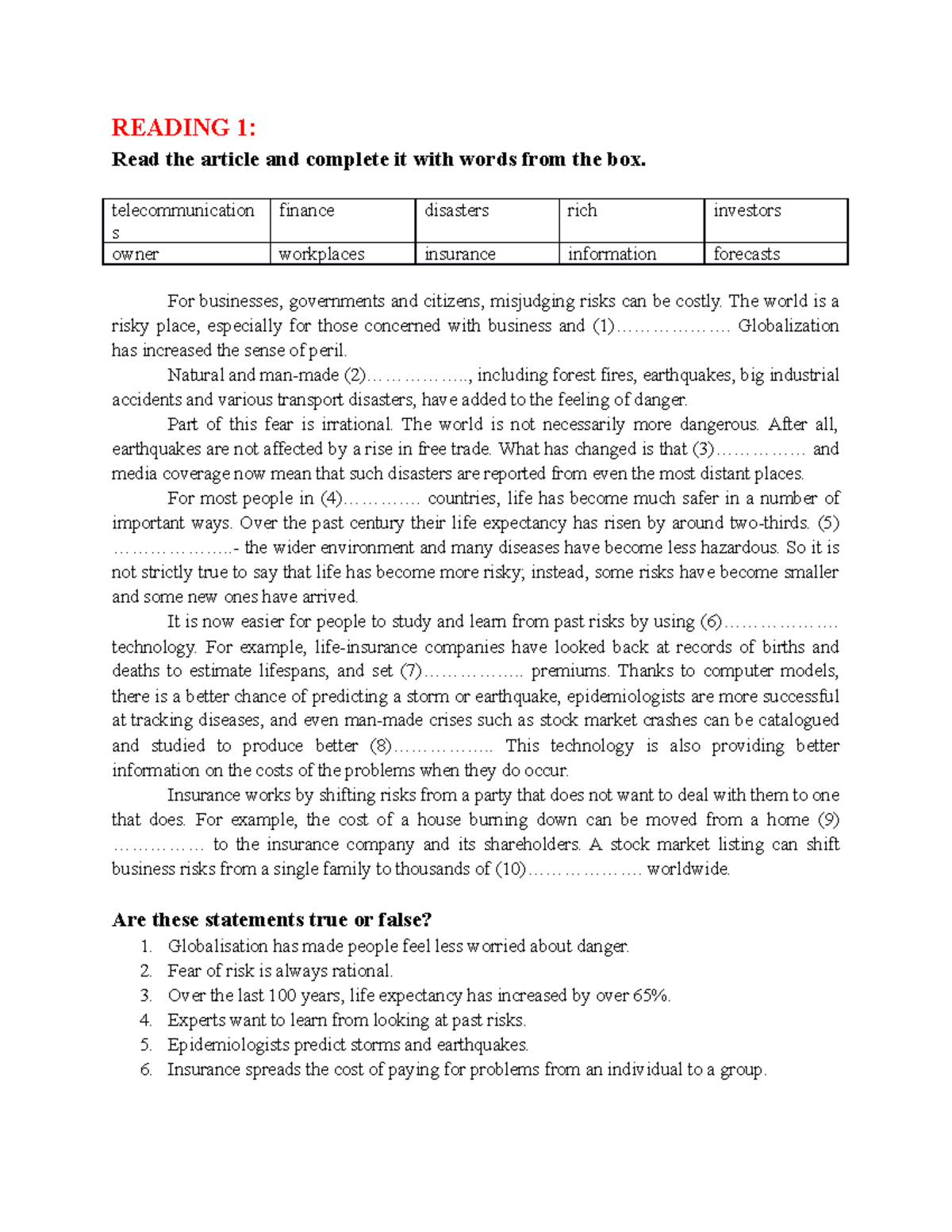 Reading-homework - book for female - READING 1: Read the article and ...