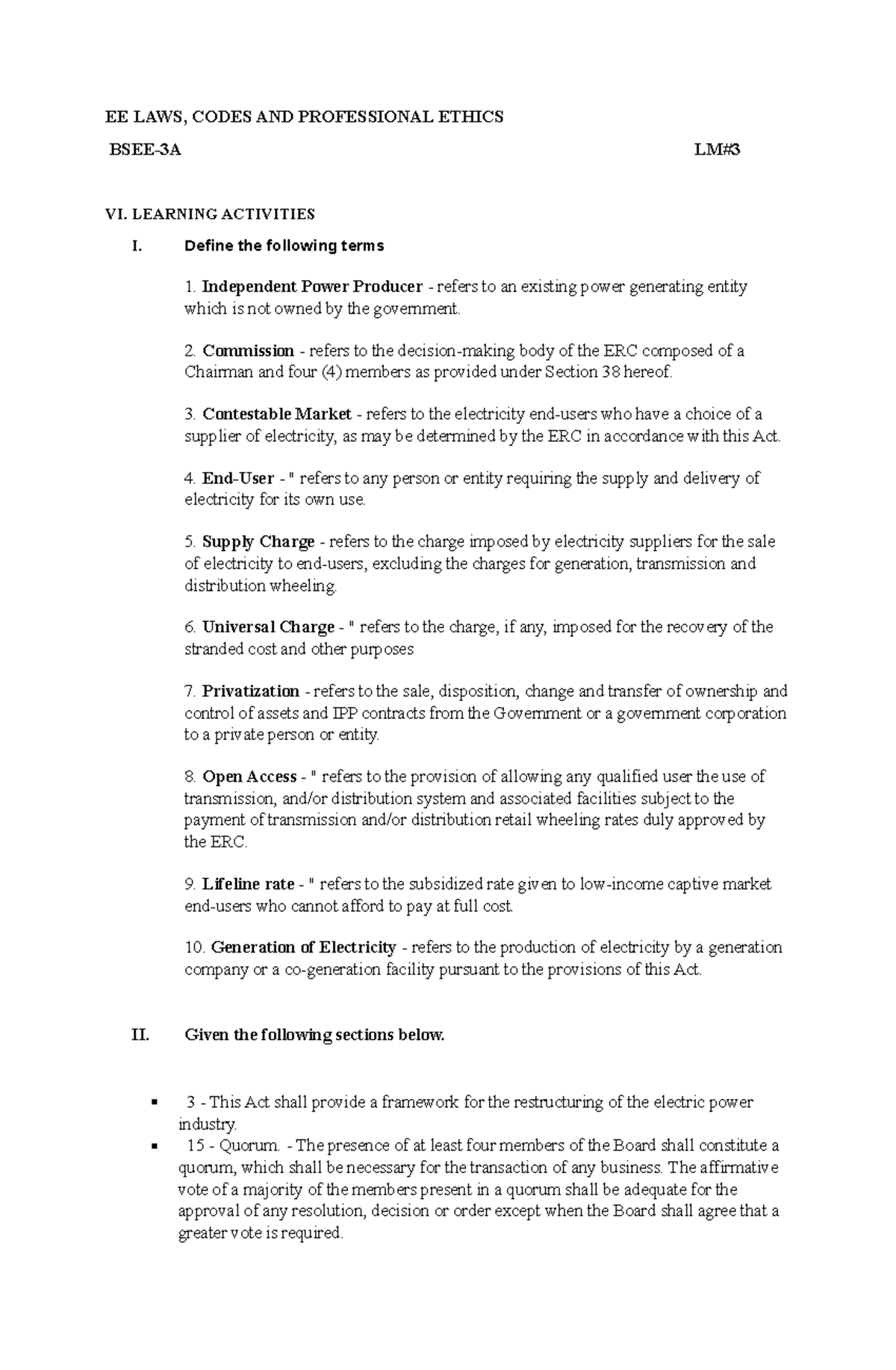 LM3-EE LAWS CODE AND Professional Ethics - EE LAWS, CODES AND ...