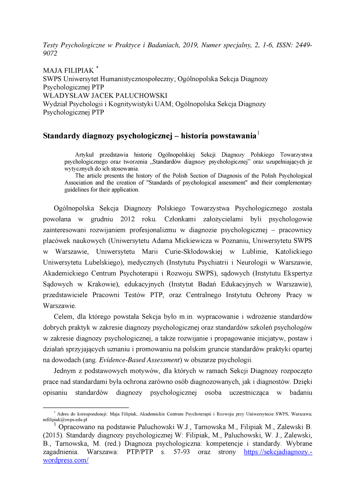 Standardy Diagnozy Psychologicznej Historia Powstawania1 Testy Psychologiczne W Praktyce I 8593
