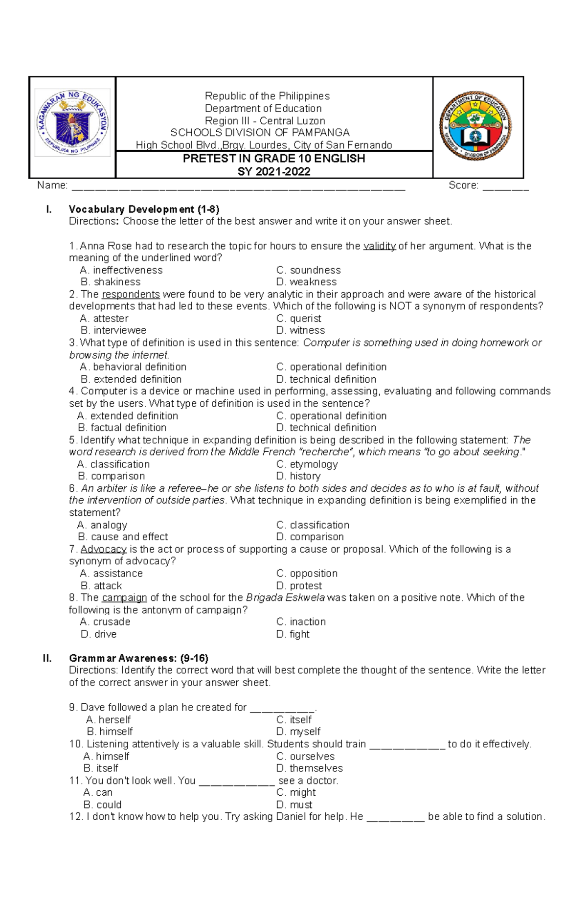 Pretest IN Grade 10 English Studocu