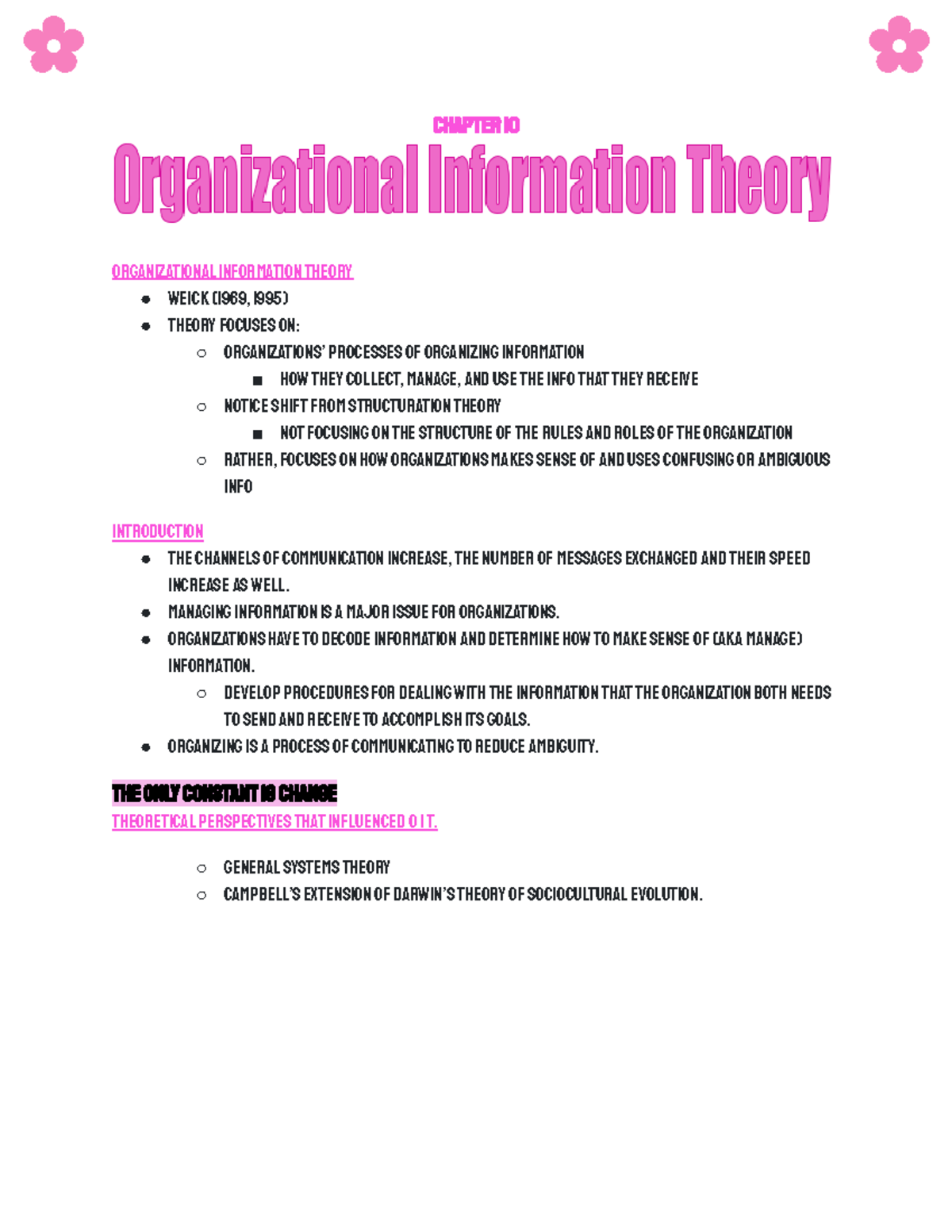Comm theory chapter 10 Chapter 10 Organizational Information Theory Weick (1969, 1995) Studocu