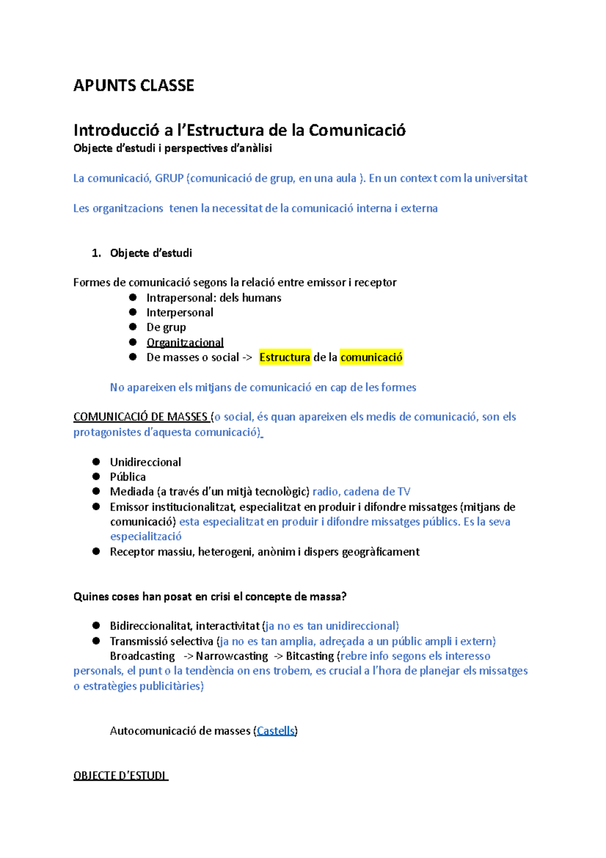 Apunts Classe - notes - APUNTS CLASSE Introducció a l’Estructura de la ...