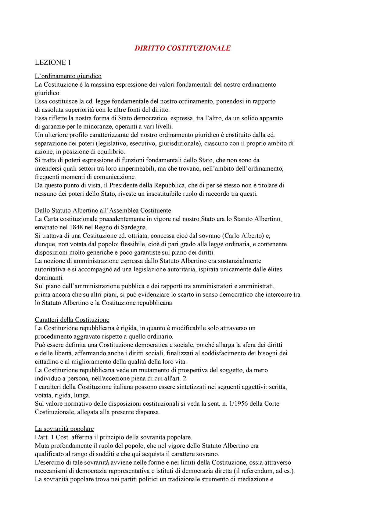 Diritto Costituzionale PGS - DIRITTO COSTITUZIONALE LEZIONE 1 L ...