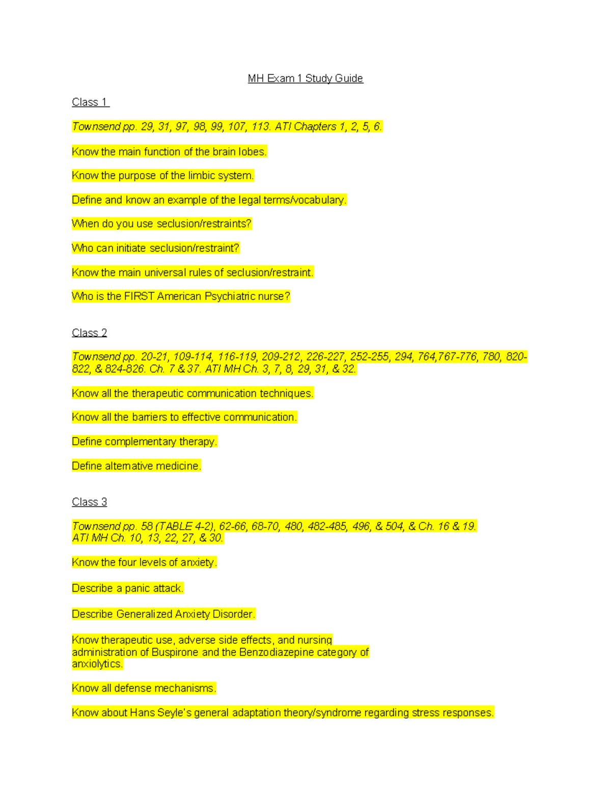MH study guide for exam 1 - MH Exam 1 Study Guide Class 1 Townsend pp ...