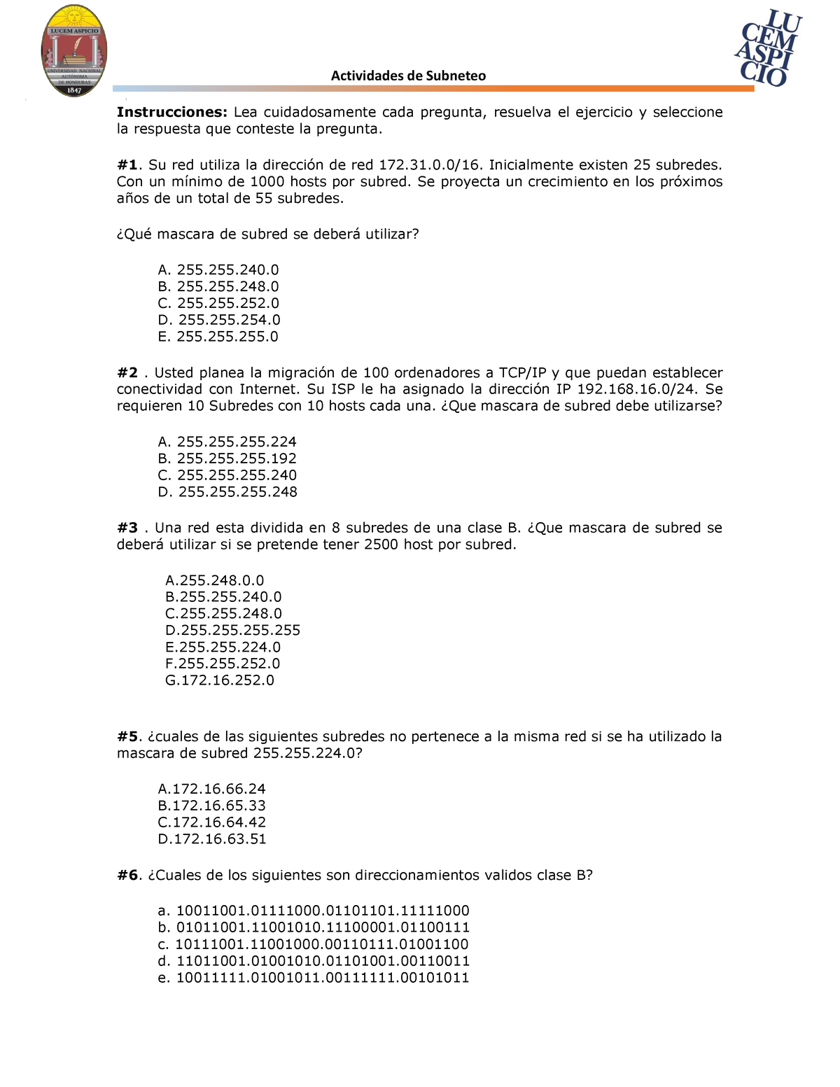 Actividad De Subneteo - Tarea - Instrucciones: Lea Cuidadosamente Cada ...