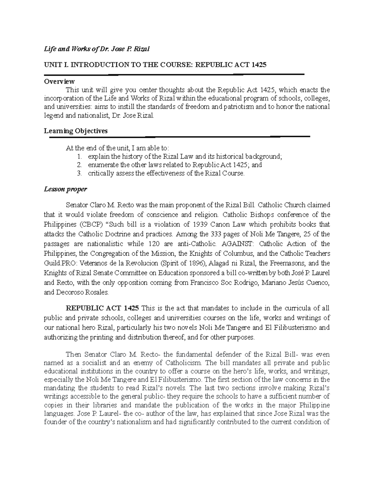 Module-Rizal - Note - Life and Works of Dr. Jose P. Rizal UNIT I ...