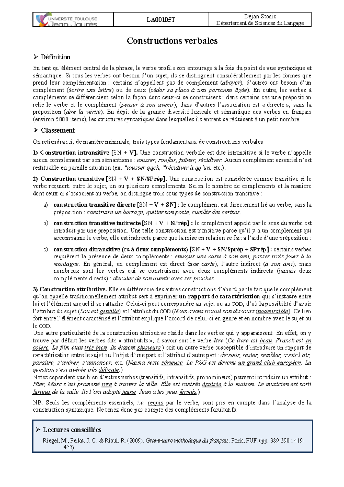 Constructions verbales en grammaire française LA00105T Département de