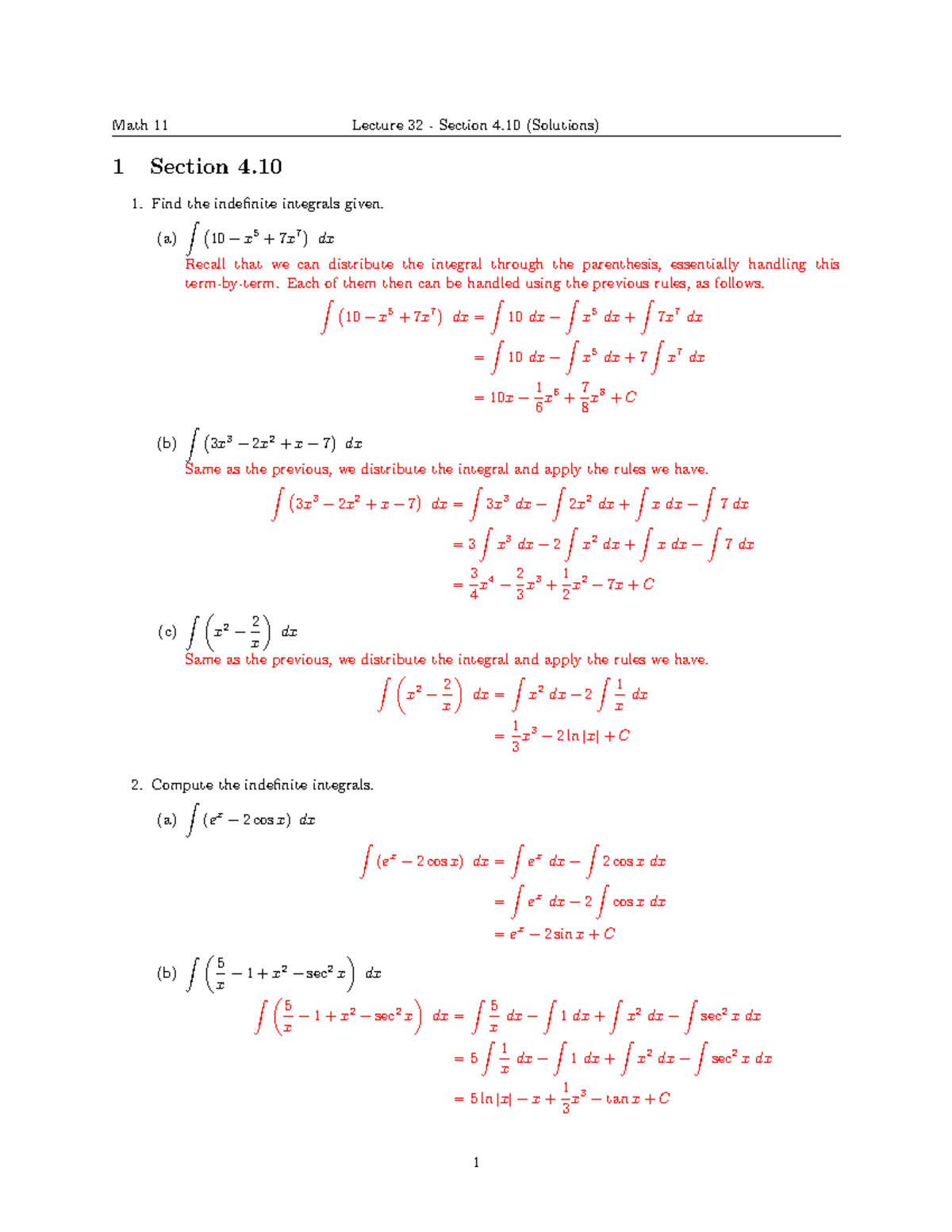 Lecture 32 Solutions Math 11 Lecture 32 Section 4 Solutions 1