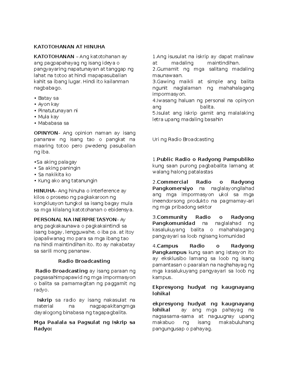 Reviewer IN Filipino - educational purpose - KATOTOHANAN AT HINUHA ...