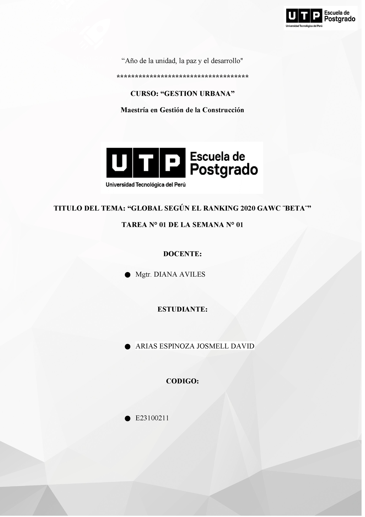 Tarea NRO 1 Semana 01 Gestion Urbana - “Año De La Unidad, La Paz Y El ...