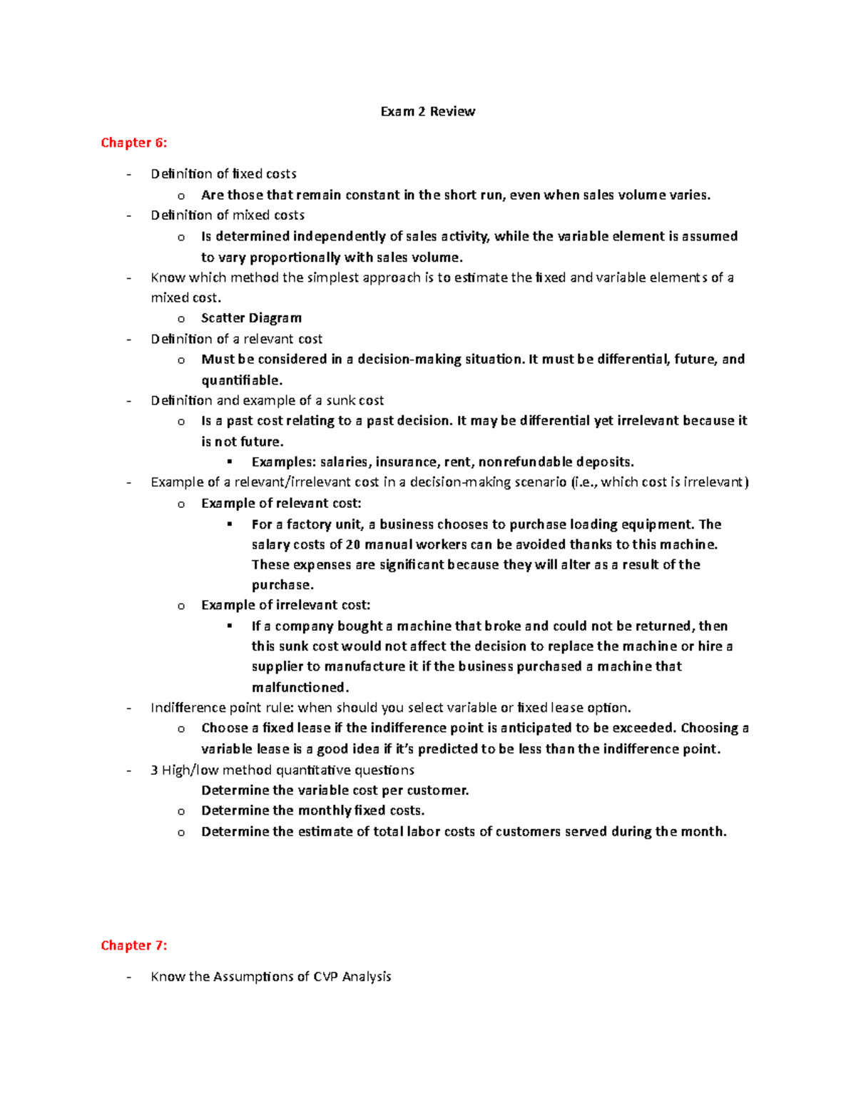 Exam 2 Review - Exam 2 Review Chapter 6: Definition of fixed costs o ...