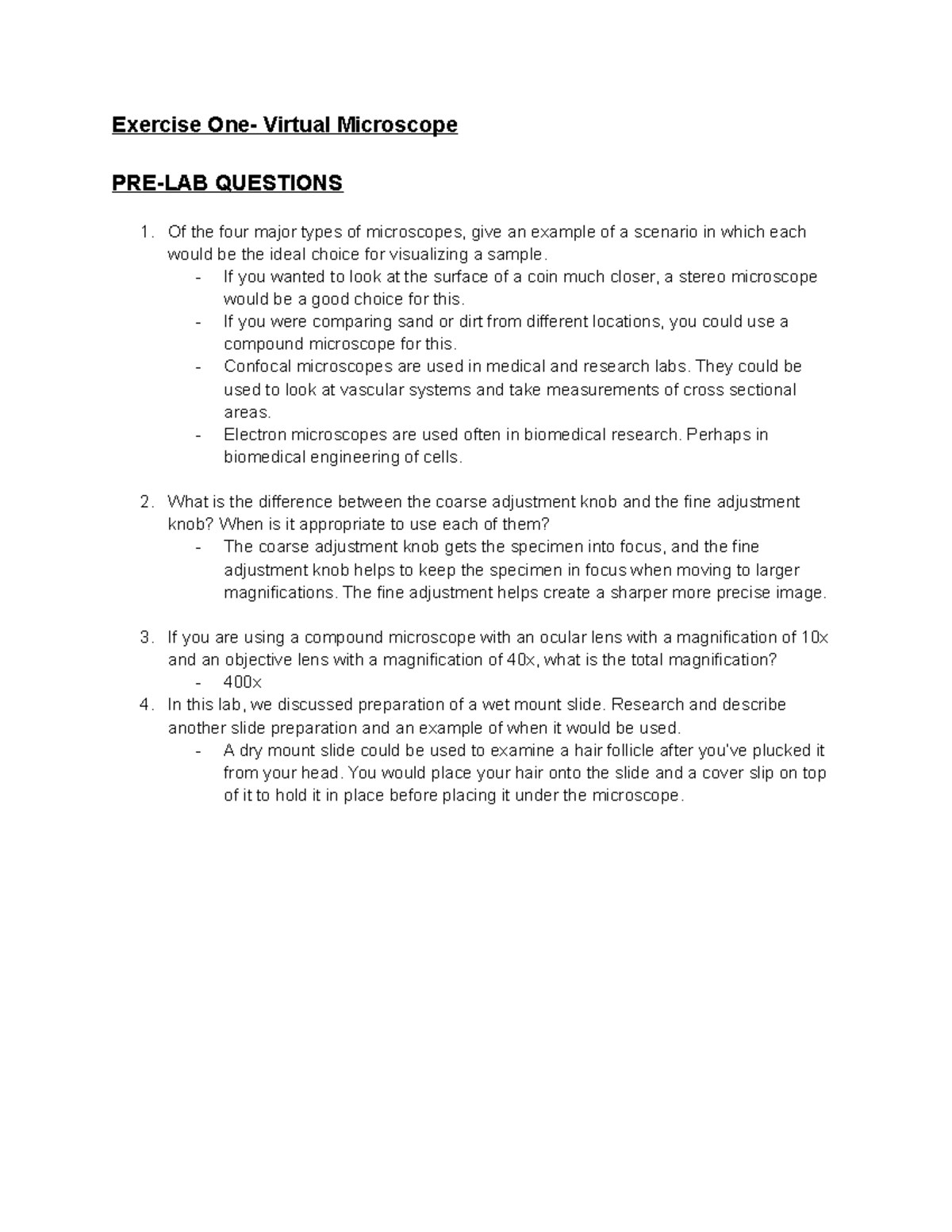 Virtual Microscope Exercise One Virtual Microscope PRELAB QUESTIONS
