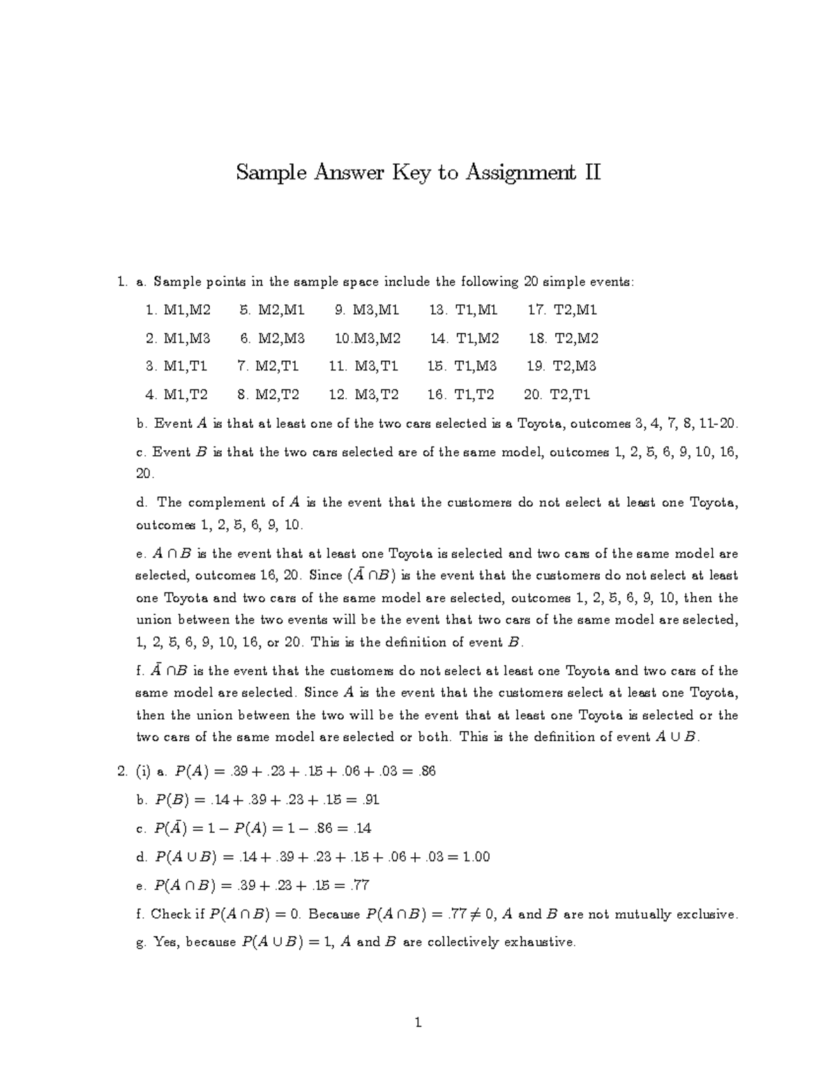Assignment II AK.ver3 - answer key - Sample Answer Key to Assignment II ...