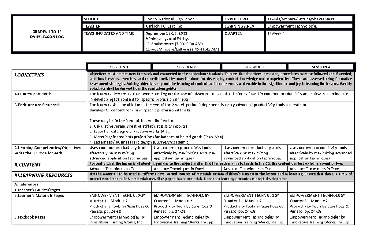 ET Q1 W4 - notes only - GRADES 1 TO 12 DAILY LESSON LOG SCHOOL Tondol ...
