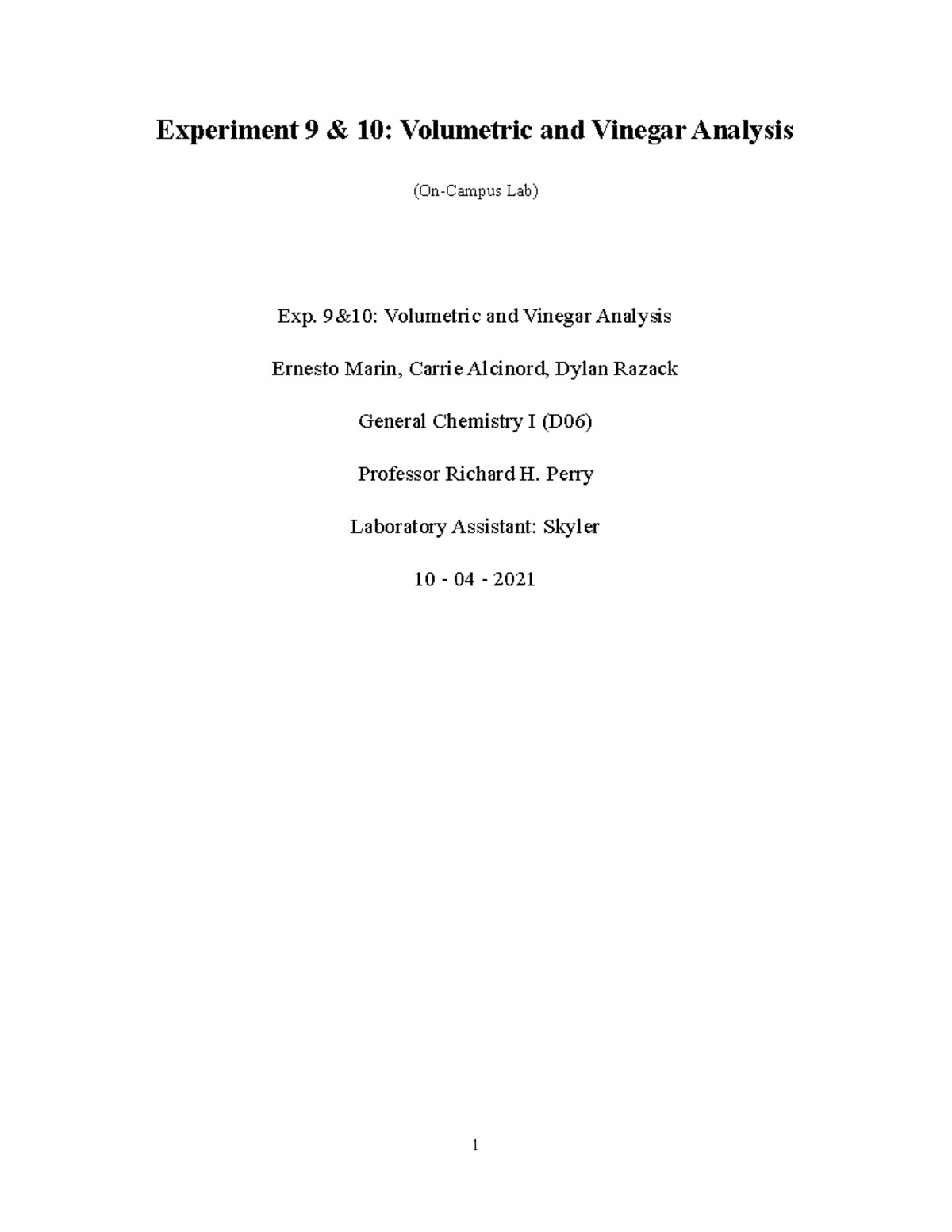 EXP 9 and 10 Volumetric and Vinegar Analysis Lab Report.docx ...