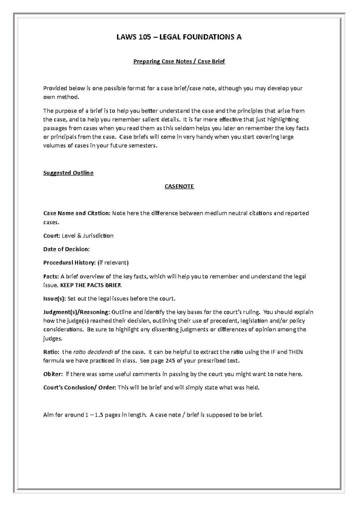 Writing case notes - case note - LAWS 105 – LEGAL FOUNDATIONS A ...