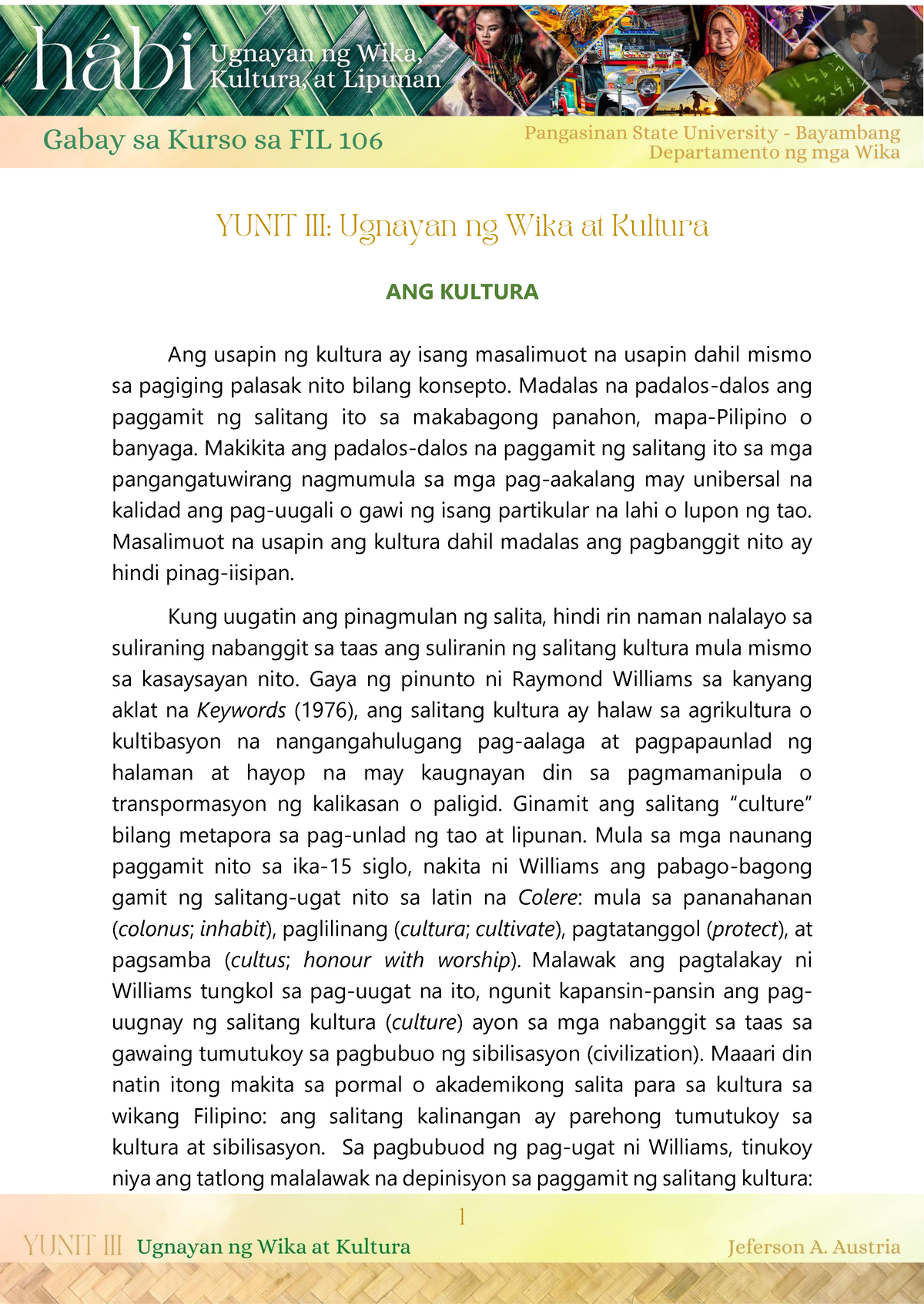 FIL 106 Gabay Sa Kurso - Yunit III Ugnayan Ng Wika At Kul... (Template ...