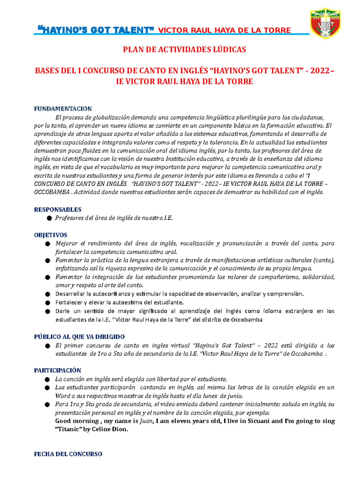 Bases DEL I Concurso DE Canto EN Inglés “HAYINO’S GOT TALENT” VICTOR